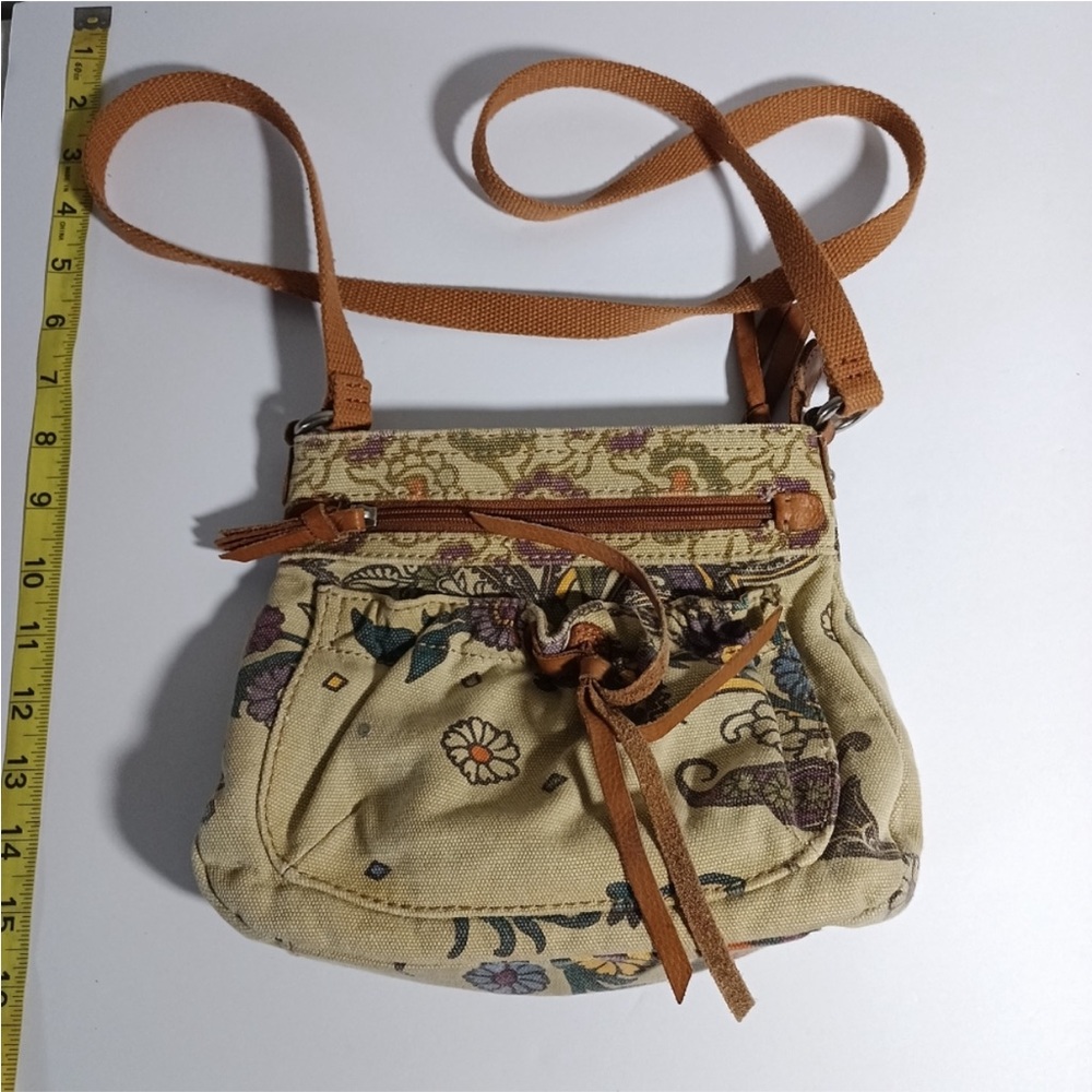 Fossil Vintage Cotton Floral Print Crossbody bag In Tan With Brown Leather Strap